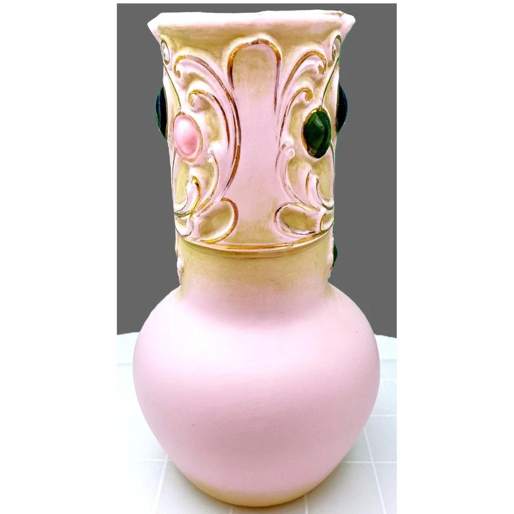 Antique Schafer-Vater Pink Jasperware Vanity Set Oblong Bowl & Crown Star Vase
